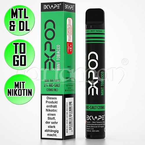 Mint Tobacco | Exvape | Expod | Nikotin 20mg/ml | Einweg E-Zigarette / E-Shisha | 500 Zge