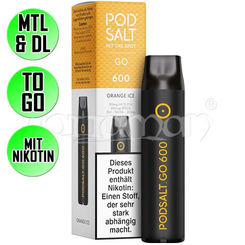 Orange Ice | Pod Salt GO 600 | Nikotin 20mg/ml | Einweg E-Zigarette / E-Shisha | 600 Züge