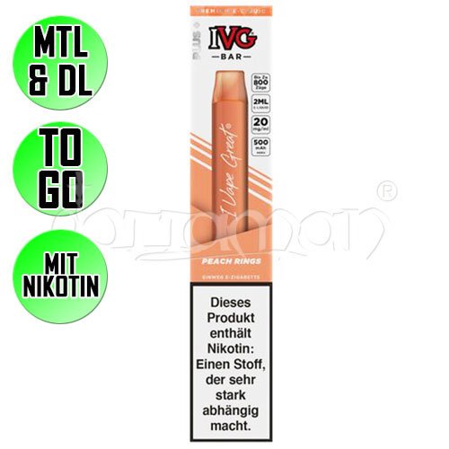 Peach Rings | IVG Bar | Nikotin 20mg/ml | Einweg E-Zigarette / E-Shisha | 800 Züge