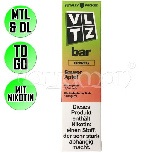 Saurer Apfel | VLTZ Bar Totally Wicked | Nikotin 16mg/ml | Einweg E-Zigarette / E-Shisha | 600 Züge