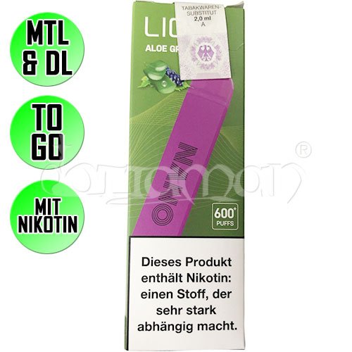 Aloe Grape | Lio Nano | Nikotin 20mg/ml | Einweg E-Zigarette / E-Shisha | 600 Züge