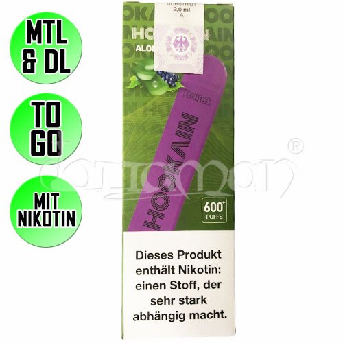 Aloe Grape | Hookain Nano X  | Nikotin 20mg/ml | Einweg E-Zigarette / E-Shisha | 600 Züge