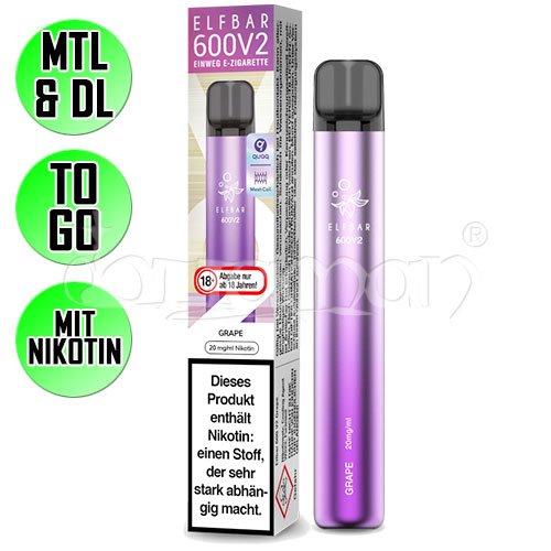Grape | Elfbar 600 V2 | Nikotin 20mg/ml | Einweg E-Zigarette / E-Shisha | 600 Zge