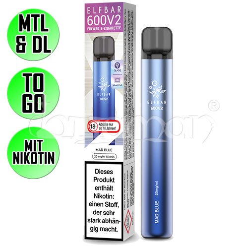 Mad Blue | Elfbar 600 V2 | Nikotin 20mg/ml | Einweg E-Zigarette / E-Shisha | 600 Zge