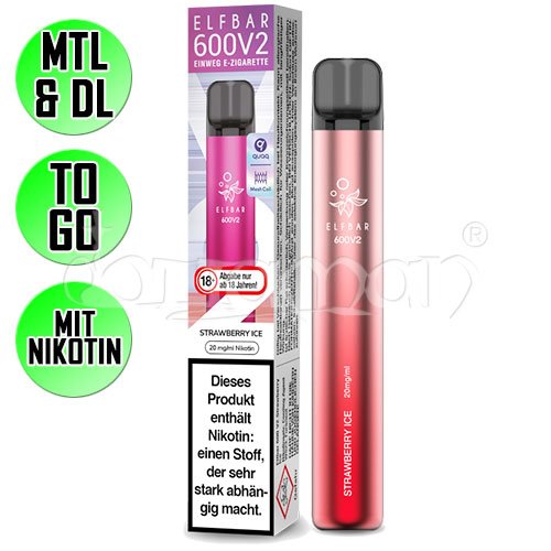 Strawberry Ice | Elfbar 600 V2 | Nikotin 20mg/ml | Einweg E-Zigarette / E-Shisha | 600 Zge