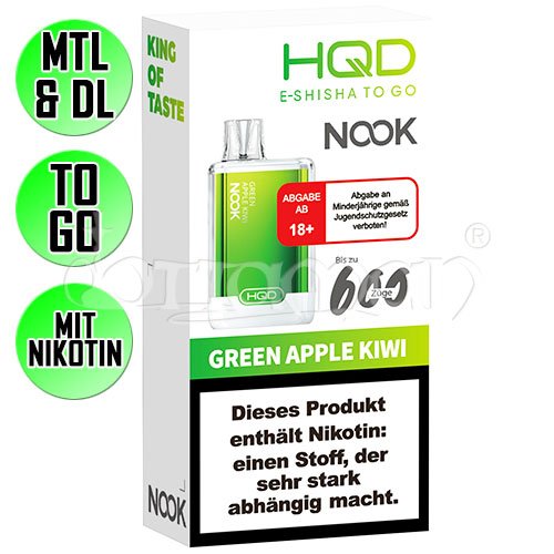 Green Apple Kiwi | HQD Nook | Nikotin 18mg/ml | Einweg E-Zigarette / E-Shisha | 600 Zge