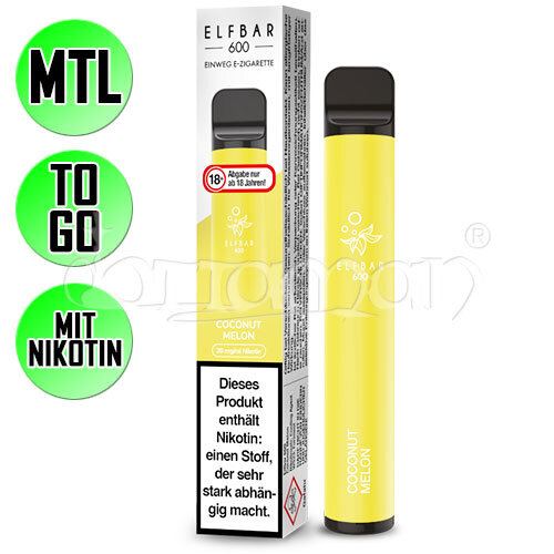 Coconut Melon | Elfbar 600 | Nikotin 20mg/ml | Einweg E-Zigarette / E-Shisha | 600 Züge